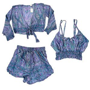 3 Piece Indian Paisley Shorts Crop Tank Top Set Boho Printed Bell Sleeves CYN